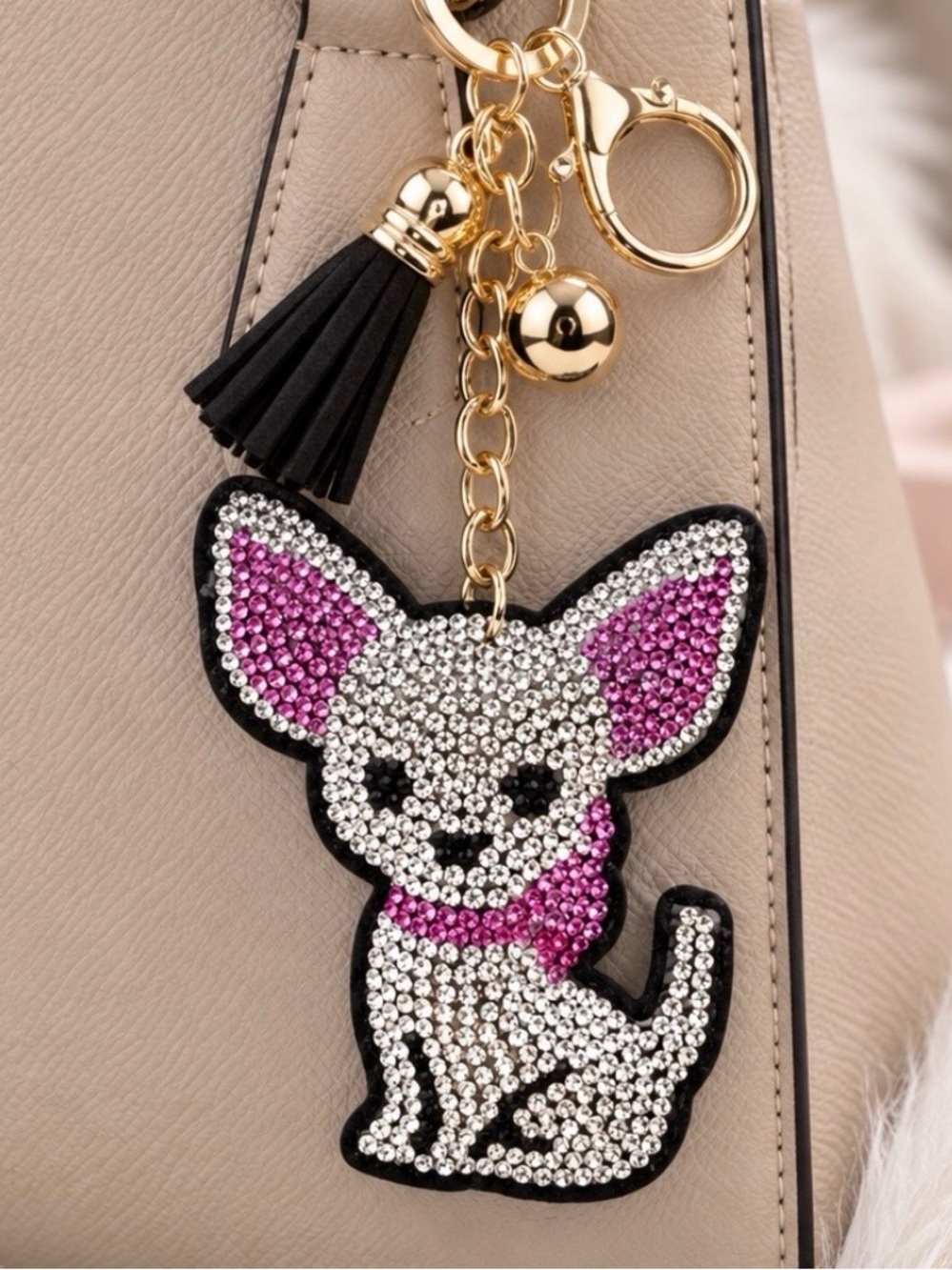 Chihuahua Rhinestone Keychain Bag Charm Key Ring Crystal Bling White Pink New